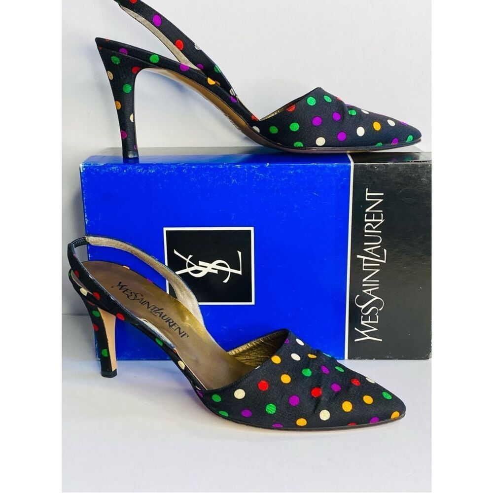 Yves Saint Laurent Black Multicolor Polka Dot Slingback Pumps Vintage 80s/90s